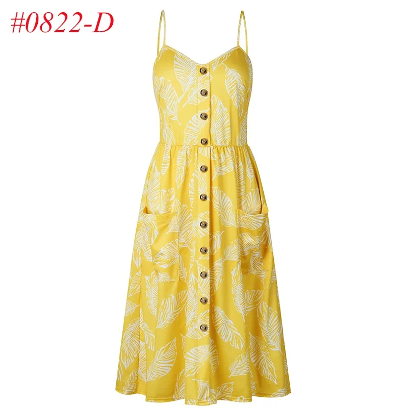 Женские сексуальные летние платья, Boho, плюс XXXL, без рукавов, на пуговицах, в полоску, сплошное, миди платье, сарафан с карманами - Цвет: 0822 Yellow Dress