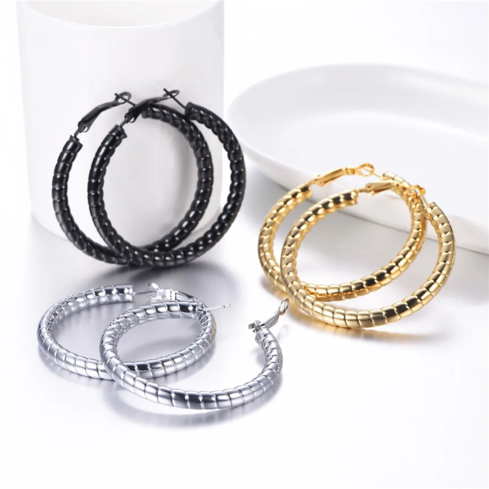 U7 Simple Earrings Round Circle 25mm / 40mm Three Color Trendy Design New Hoop Female Earring Jewelry Party Gift For Women E1014