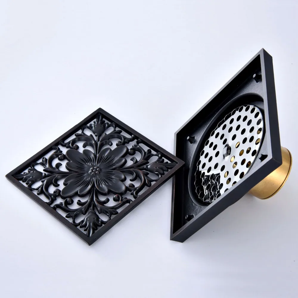 Черный Масло втирают Бронзовый резной цветочный узор Ванная комната Душ слив 4