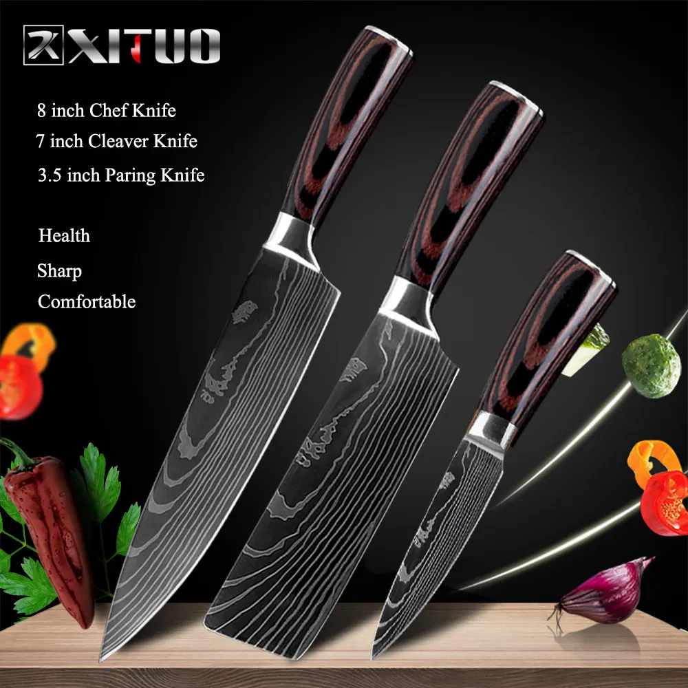 3 PCS Value set 01 XITUO 8 дюймов японские кухонные ножи лазерный дамасский узор нож шеф-повара острый Santoku Кливер нож для нарезки нож инструмент EDC - Цвет: 3 PCS Value set 01