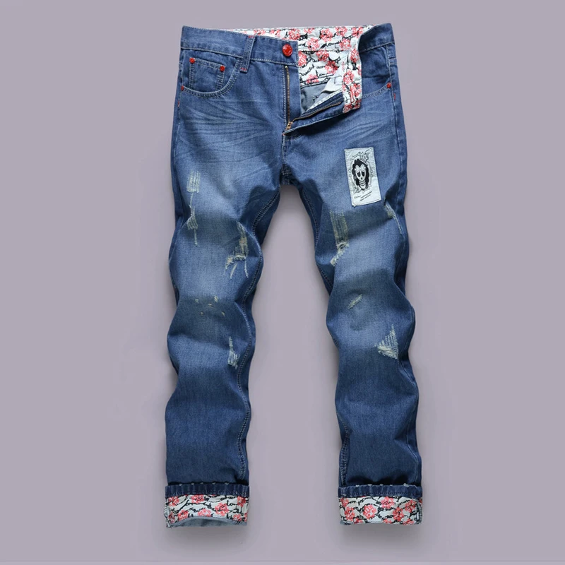 Men 's jeans trousers Korean straight denim trousers personalized printed men' s flange denim