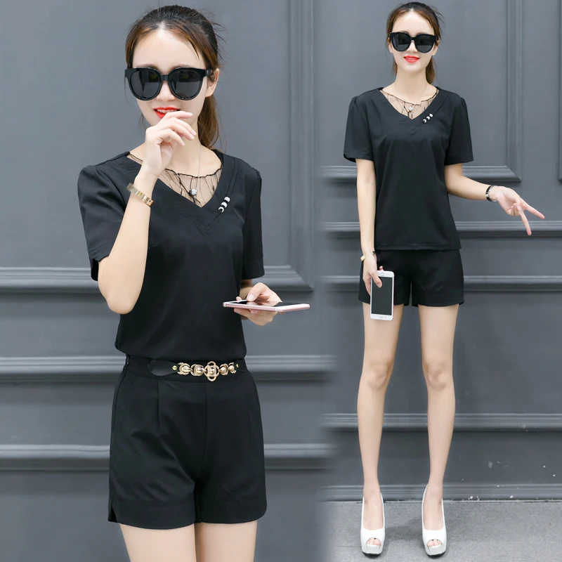 

Summer new gauze collar top blouse clothing set fashion shorts two pcs casual girl solid suits vestido design outfit S-XXL