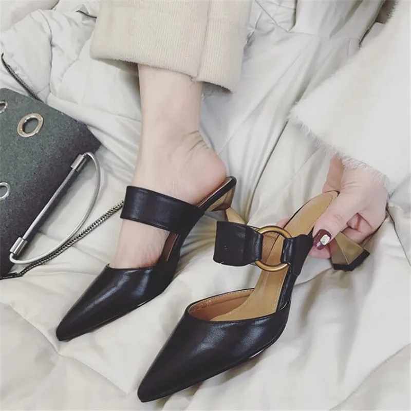 2018 женские тапочки на среднем каблуке без шнуровки модная обувь с пряжкой