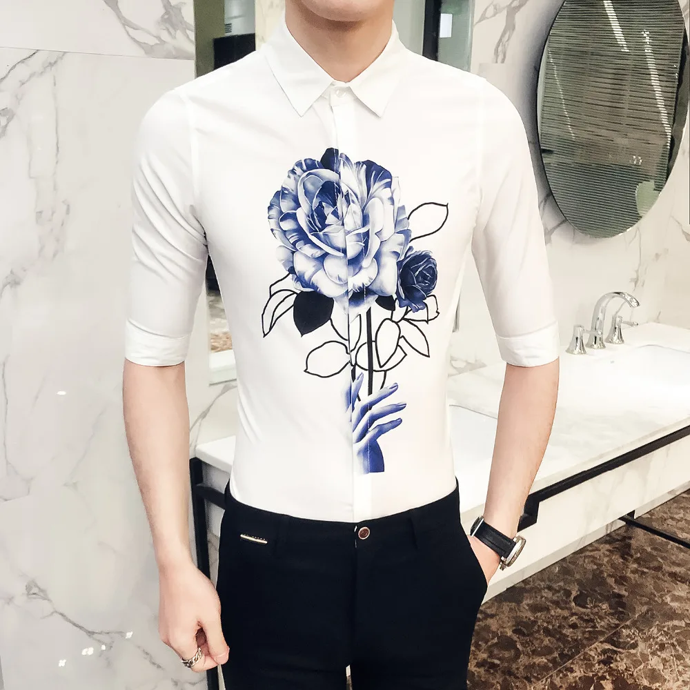 Личность печати рубашка Для мужчин лето 2018 Slim Fit короткий рукав смокинг платье