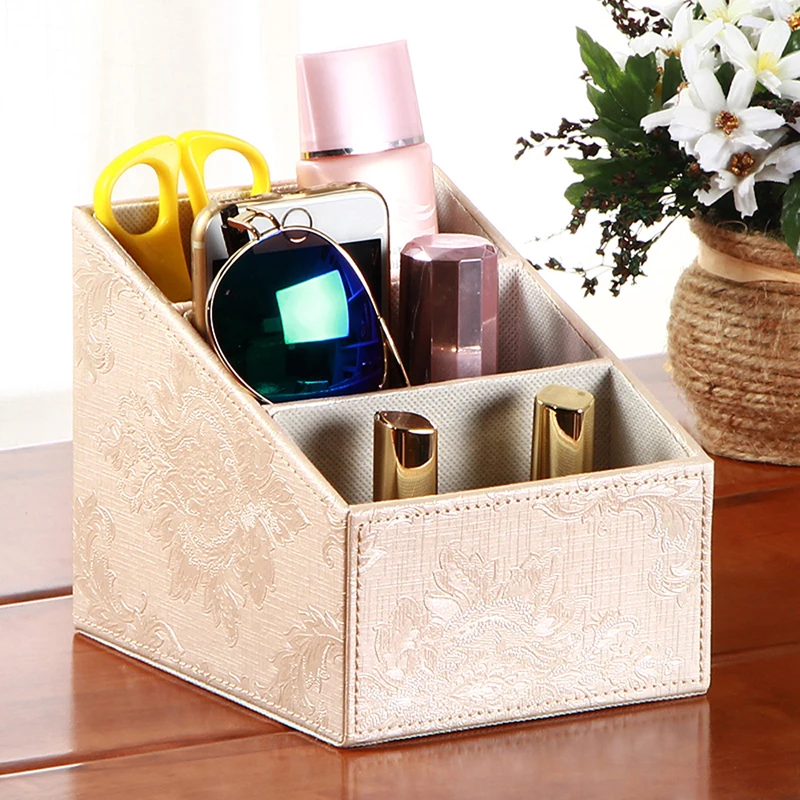 

3 Slot PU Leather Remote Control Holder Pen Pencil Storage Box Container Soft Sheep Cosmetic Makeup Home Organizer