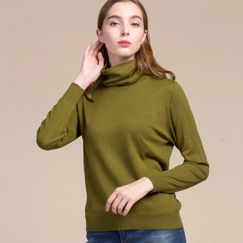 Knitwear Women 85% Silk 15% Cashmere Pullovers Patchwork Turtleneck Long Sleeves 4 Colors Basic Top New Fashion Style 2019
