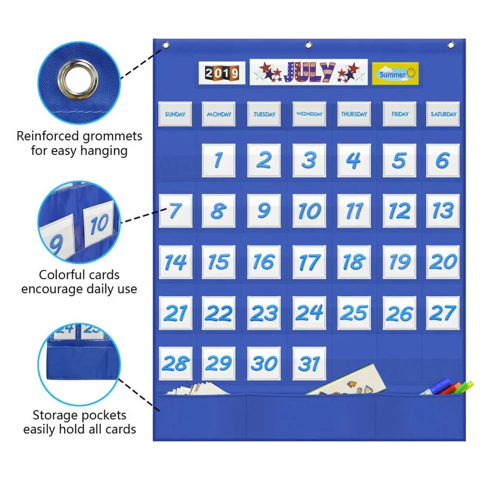 Godery Classroom Monthly Calendar Pocket Chart with 43 Clear Pocket, 3 Storage Pockets for Easy Wall or Stand Chart