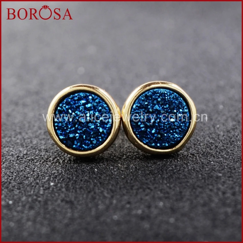 BOROSA 8 мм круглые серьги гвоздики из натурального титана Druzy золотая радужная Geode