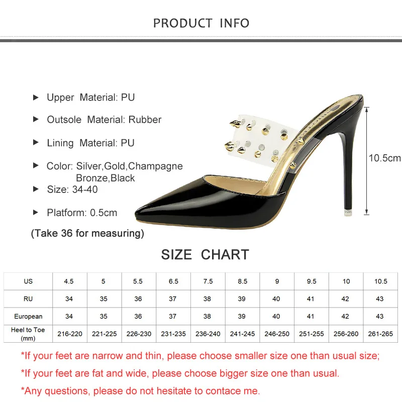2019 New Summer Women Mules Slippers High Thin Heel Pointed Toe Metal Rivet Sexy Ladies Shoes Gold Outside Slides | Обувь