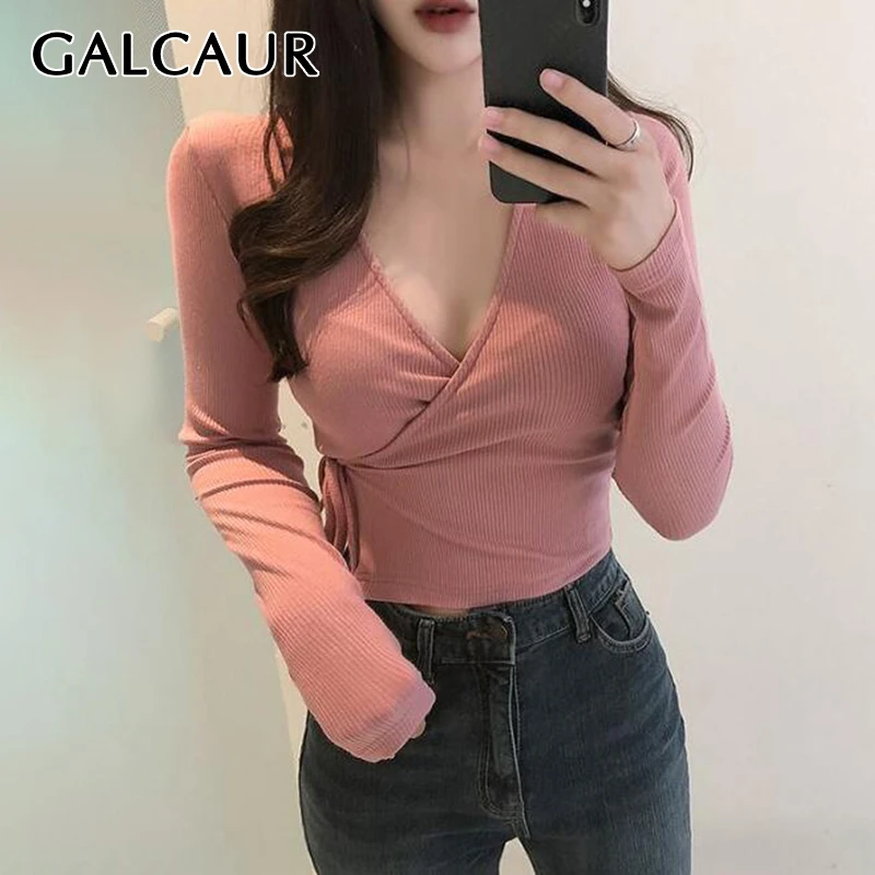Женская Однотонная футболка с бантом GALCAUR белая однотонная v образным вырезом и