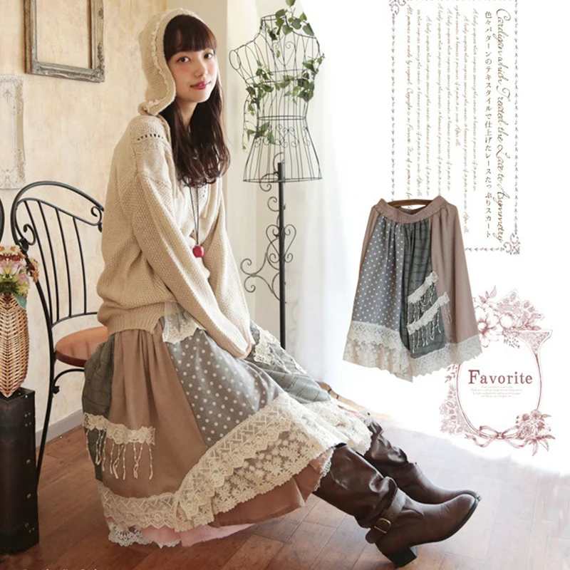 Женская винтажная клетчатая кружевная юбка в стиле Лолиты пэчворк модель X065 на