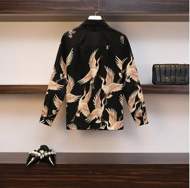 Большие размеры, L-4XL, новинка, весна-лето, женская рубашка с длинным рукавом и принтом Журавля, блузка+ Асимметричная юбка с высокой талией, комплект из двух предметов