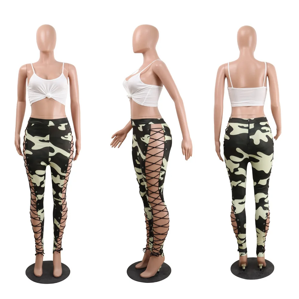 

Sexy Camouflage Print Hot Leggings Women Hollow Out Skinny Pants Fashion Bandage Legins Casual Club Sexy Trousers