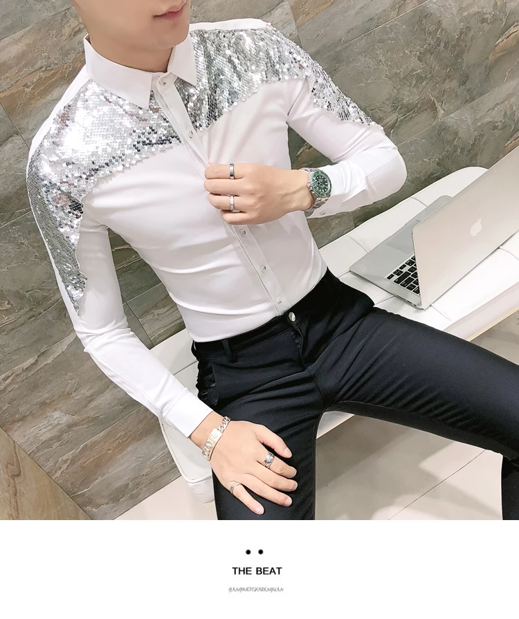 Brand Slim Fit Men Shirt Korean Fashion Paillette Shirt Long Sleeve Casual Shirts Night Club Party Prom Dress Shirt camisa