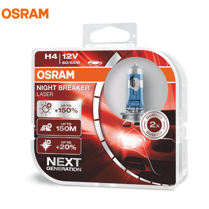 

OSRAM H1 H3 H4 H7 H8 H11 9005 9006 12V Night Breaker Laser Next Generation Car Halogen Headlight Fog Lamp +150% Brightness, 2X