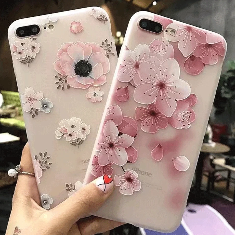 Мягкий 3D цветок телефон чехол для iPhone 6 S 7 8 Plus рельефные вишневые цветы