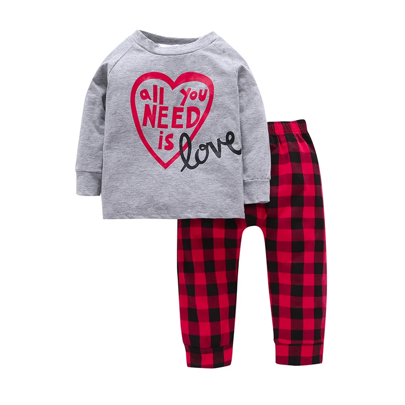 2Pcs Spring Autumn Casual Toddler Boy Sets Grey Letter Long Sleeve Cotton T-shirt+Red Plaid Pants Baby Clothes V20 |