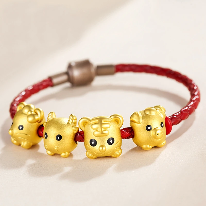 

Pure 24K Yellow Gold Bracelet Women 999 Gold Cute China Zodiac Bracelet 1pcs