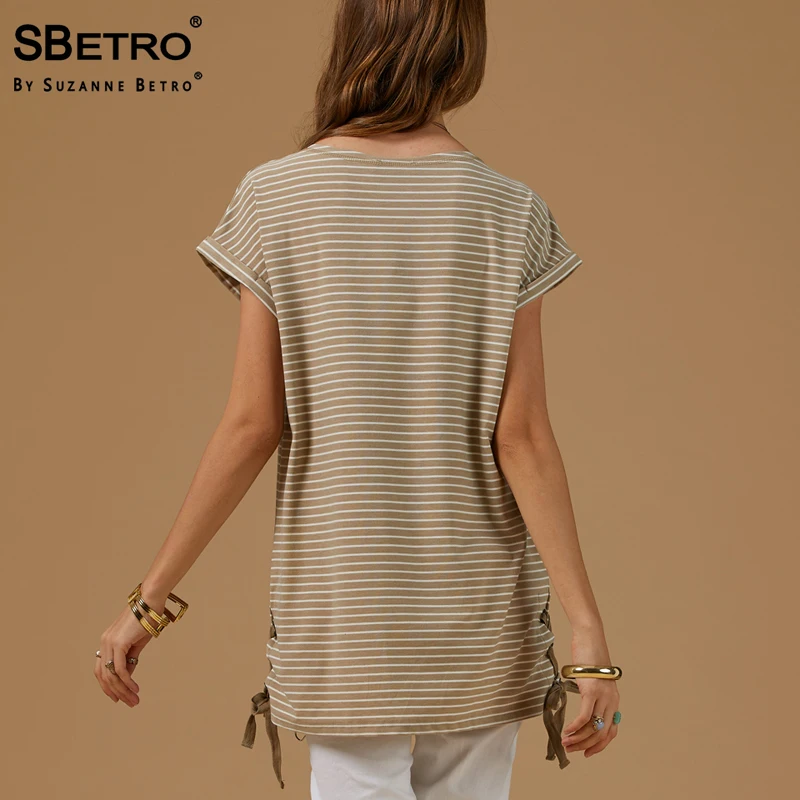SBetro Stripe Female T-shirts Taupe Side Lacing Scoopneck Cap Sleeve Fashion Tunic Casual Summer Women Tops Tee | Женская одежда