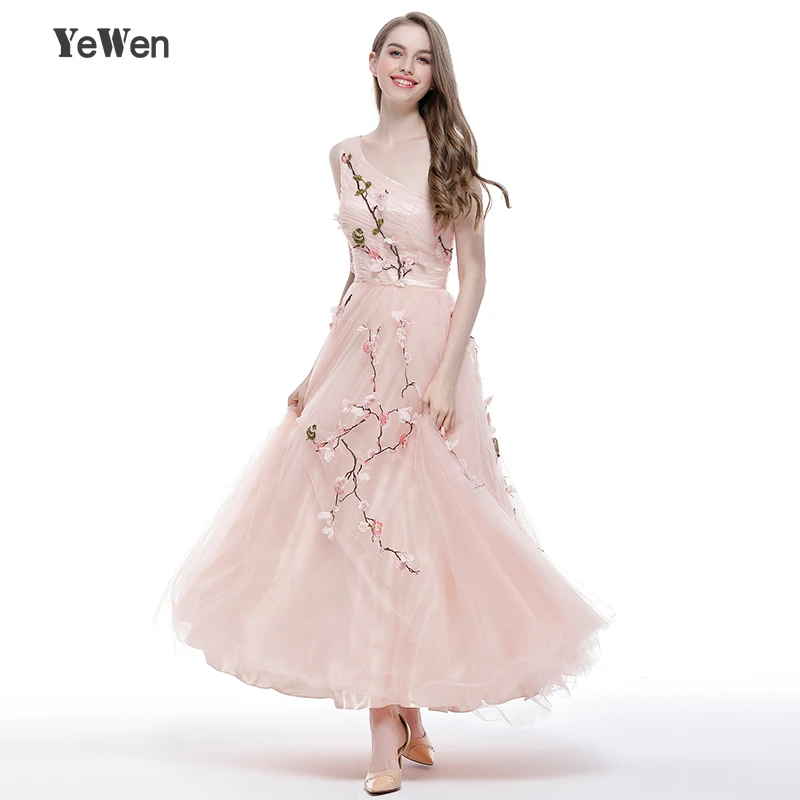 С вышивкой и цветочным принтом тюлевые платья для выпускного вечера на одно плечо щиколотке розового цвета