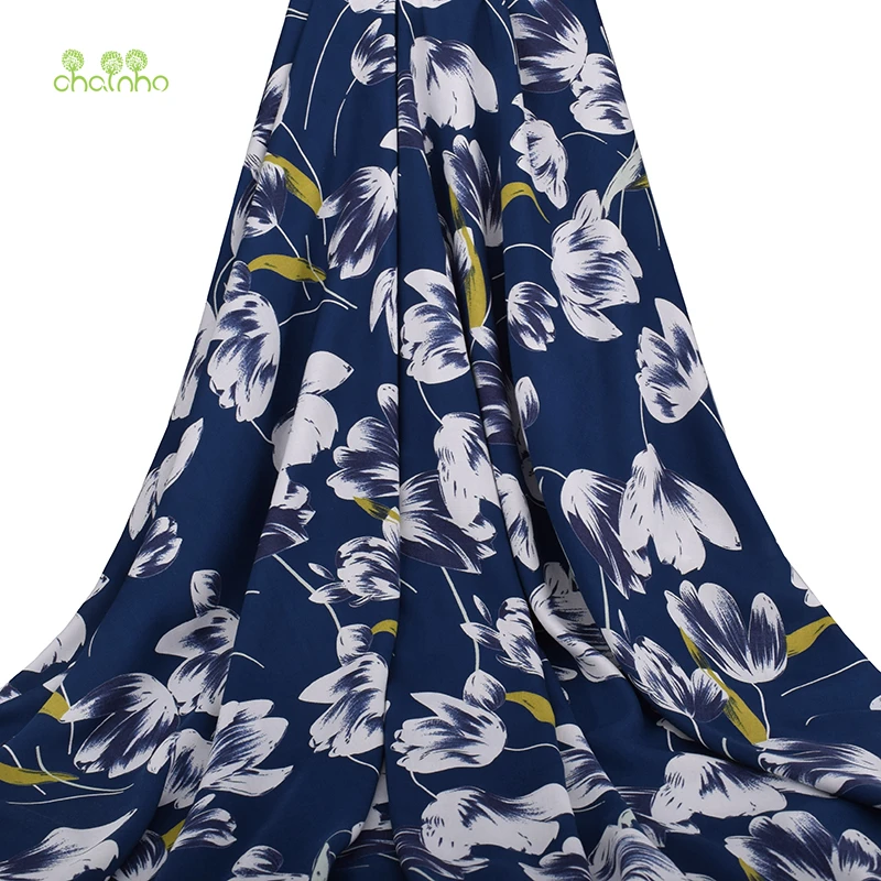 

Chainho,Blue Tulip Floral Series/Summer Apparel Fabric/ Discharge Printed,Imitation Silk/Skirt/Dress/Shirt Material/Half Meter