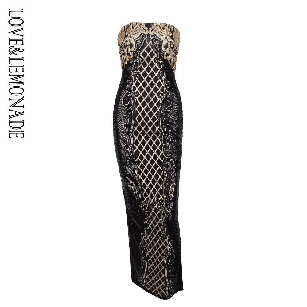 

LOVE & LEMONADE Strapless Geometric Sequins Cut Out Long Dresses 3 Colors LM0788