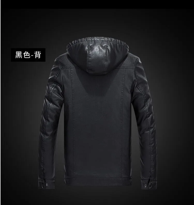 Мужская кожаная куртка на меху длинная с капюшоном из искусственной кожи черного