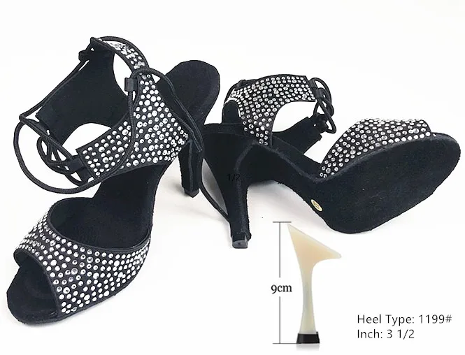 Classic Black 9cm Латинский Бальный Танец Сальса обувь женские сандалии Блестящий горный хрусталь освещение черный высокий средний каблук эластичная лента индивидуальные каблуки - Цвет: Classic Black 9cm