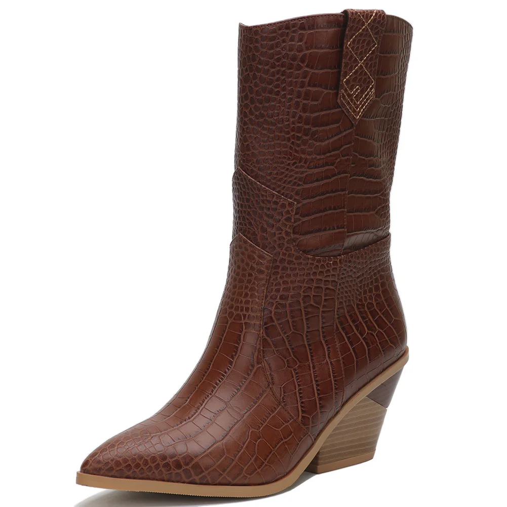 brown add fur Doratasia/осень-зима, большие размеры 33-46, удобные сапоги до середины икры на массивном каблуке, женская обувь, ковбойские сапоги без шнуровки, женская обувь - Цвет: brown add fur