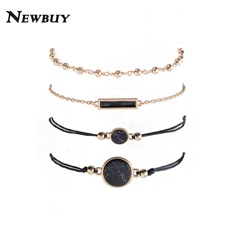NEWBUY 4pcs/set Fashion Rose Gold Color Chain Black Stone Bead Bracelet For Men Jewelry Gift Classic Pulsera Hombre
