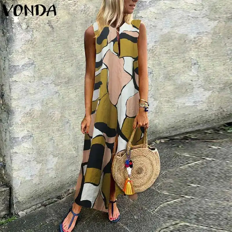 Женское платье с винтажным принтом VONDA повседневное Свободное длинное v-образным