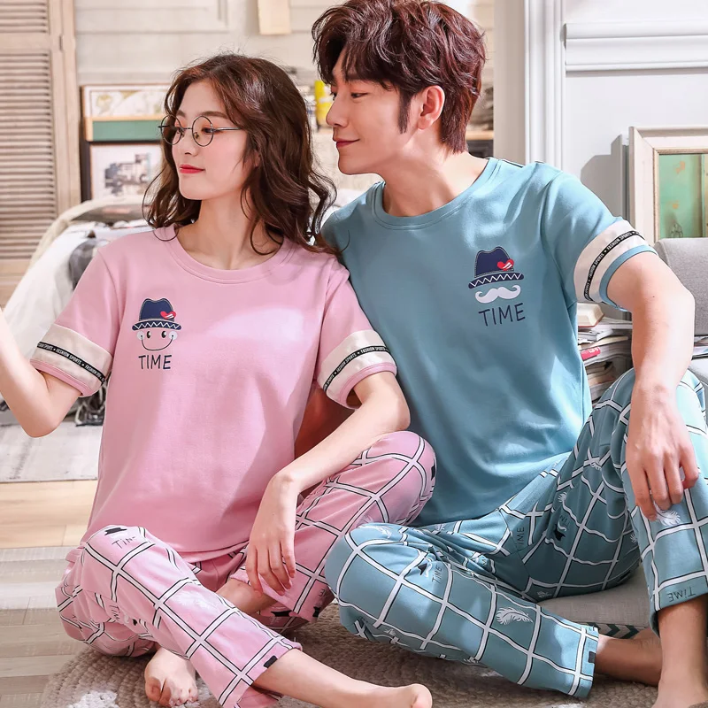 BZEL New Cotton Couple Pajamas Set Short Sleeve Sleepwear Men And Women Casual Home Wear Lover Latest Version Nightwear | Женская одежда