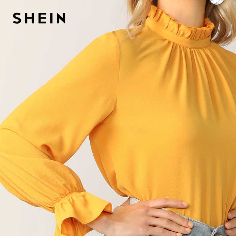SHEIN модный топ с оборками на шее и манжетах, блузка с длинными рукавами и воротником-стойкой для женщин, весна-осень