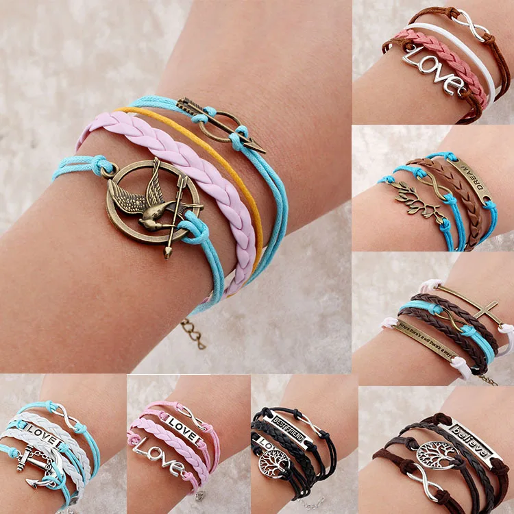 Винтаж Плетеный Якоря Руль bracelete сердце Любовь лучший друг Кожаный Браслет