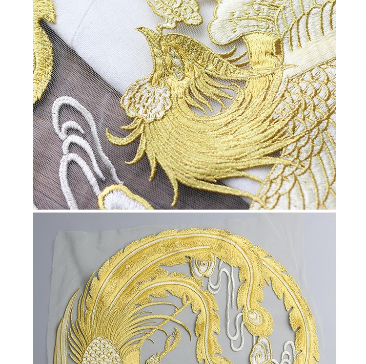 Chinese style round gold Phoenix mesh embroidery lace patches Applique for DIY dress 31cm