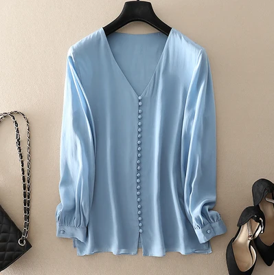 Blusas Feminino весна лето Модная розовая синяя блузка Женская туника с v-образным вырезом на пуговицах с длинным рукавом шелковая блузка рубашка женские топы - Цвет: blue