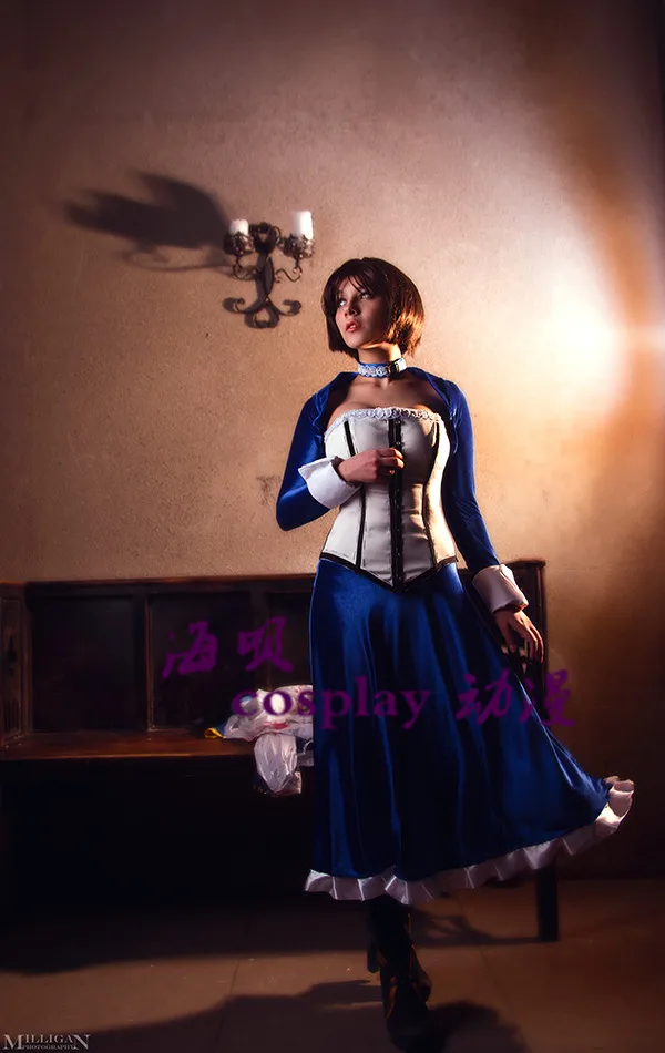 Фото Bioshock Infinite Elizabeth Косплей Костюм синий костюм топ + юбка + пальто по индивидуальному заказу для Хэллоуина и Рождества №2