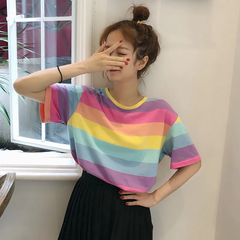 Женская одежда милые радужные полосатые топы ulzzang свободные футболки harajuku с