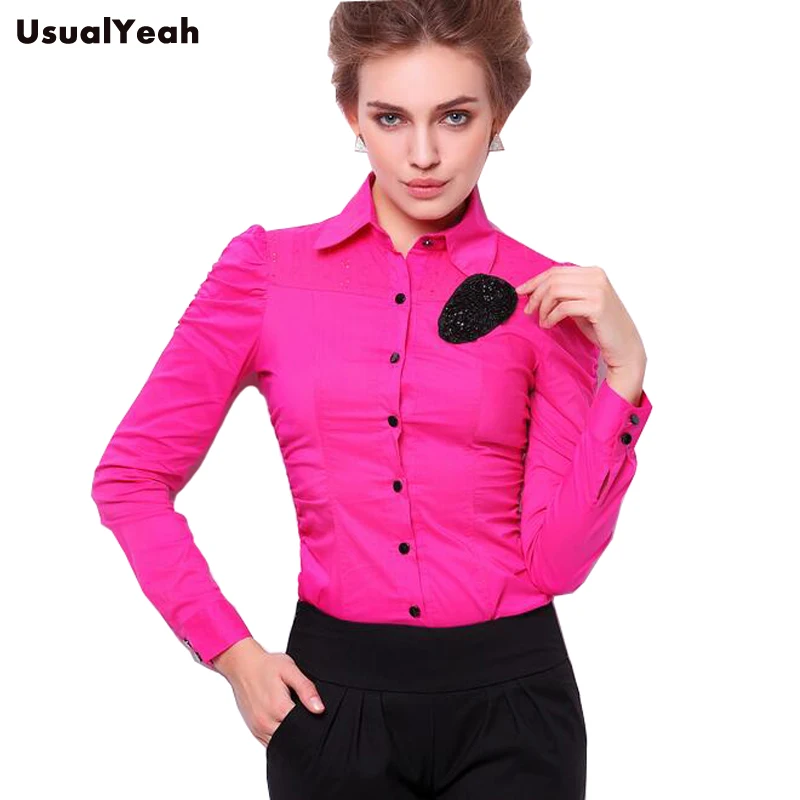New  Women Body Shirt Blouses Slim Fit Turn-down Collar Fashion Beading Corsage design White, dark pink SY0281 S-XL