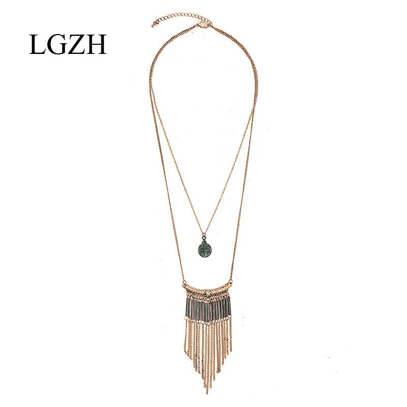 LGZH Vintage Tassel Pendant Necklace Antique Gold color Long Chain Patina metal Tube Women Ethnic Collar Jewelry | Украшения и