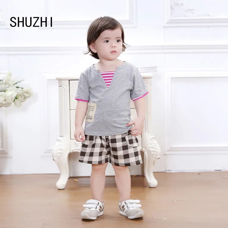 Baby boy summer clothing set pur Cotton Short Sleeve boys Plaid sets Newborn Toddler Clothes Set Bebe Infant Tops+Shorts |
