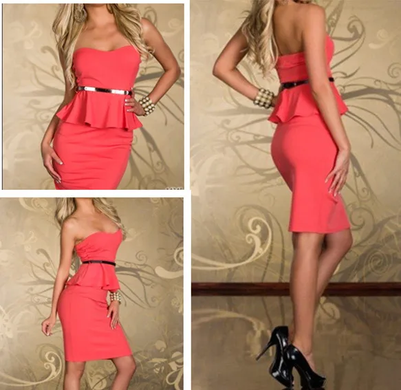 Sexy Womens Mini Dress Club Wear Night Party Evening Adult Outfit Lotus Leaf Strapless With Belt D133 Size S M L XL | Женская одежда