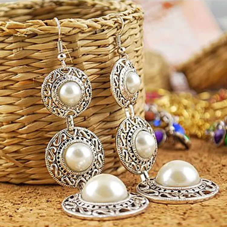 

2018 Dangle Earring Hollow Statement Charm Vintage Jewelry long Drop Earrings Women Silver Color Simulated Pearl EarDrop
