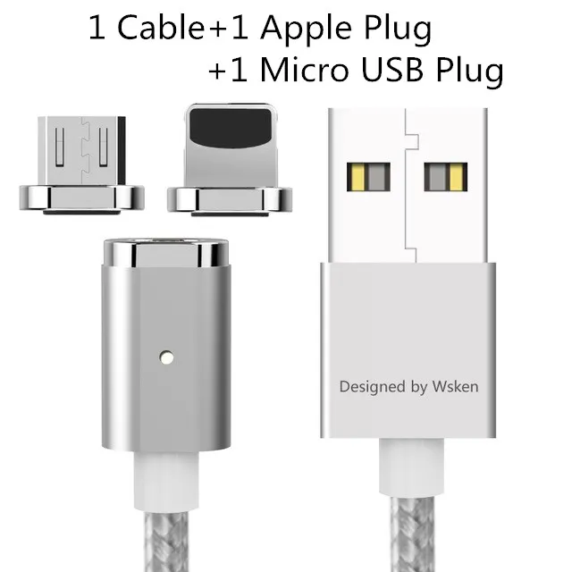 Silver for IOS Micro Магнитный зарядный кабель WSKEN 2 в 1 для iPhone 6, 7, 8 Plus, X, samsung, Xiaomi, 8 pin, IOS, Micro usb, светодиодный кабель для быстрой зарядки - Цвет: Silver for IOS Micro
