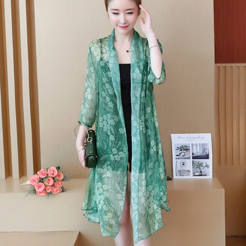 Шифоновое кимоно с принтом и рукавами 3/4 женские прозрачные шифоновые длинные