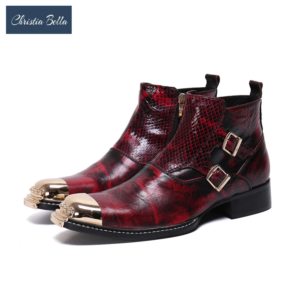 

Christia Bella Winter Buckle Men Ankle Boots British Party Short Boots Genuine Leather Men Shoes Motorcycle Cowboy Boots Red