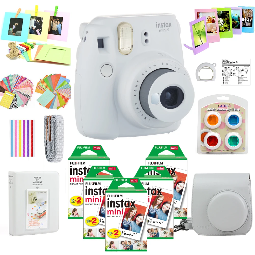 Fujifilm Instax Mini 9 camera+ Fuji 100 фото мгновенная мини простая белая пленка+ Бесплатные аксессуары крупным планом объектив, альбом, сумка