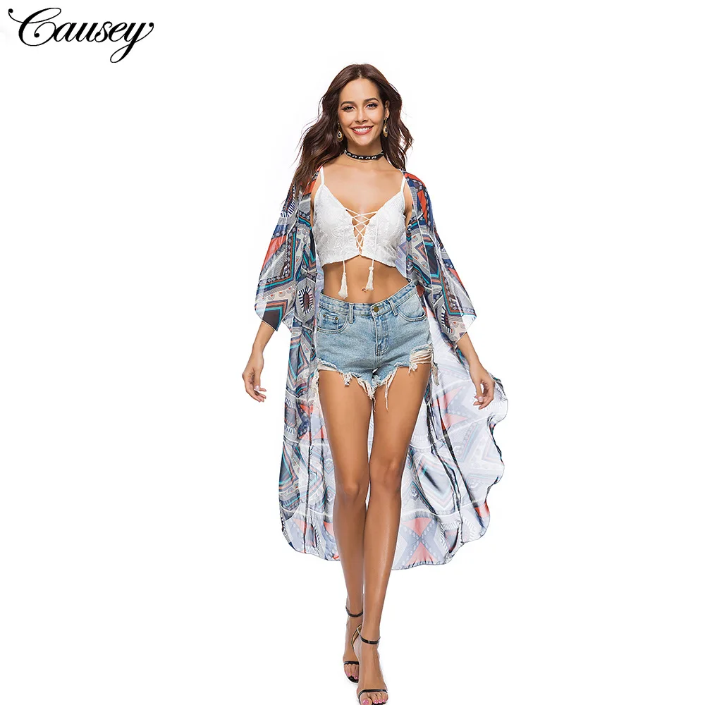 Для женщин Boho Chic Мода цветочный принт кимоно длинные богемный пляж Свободные