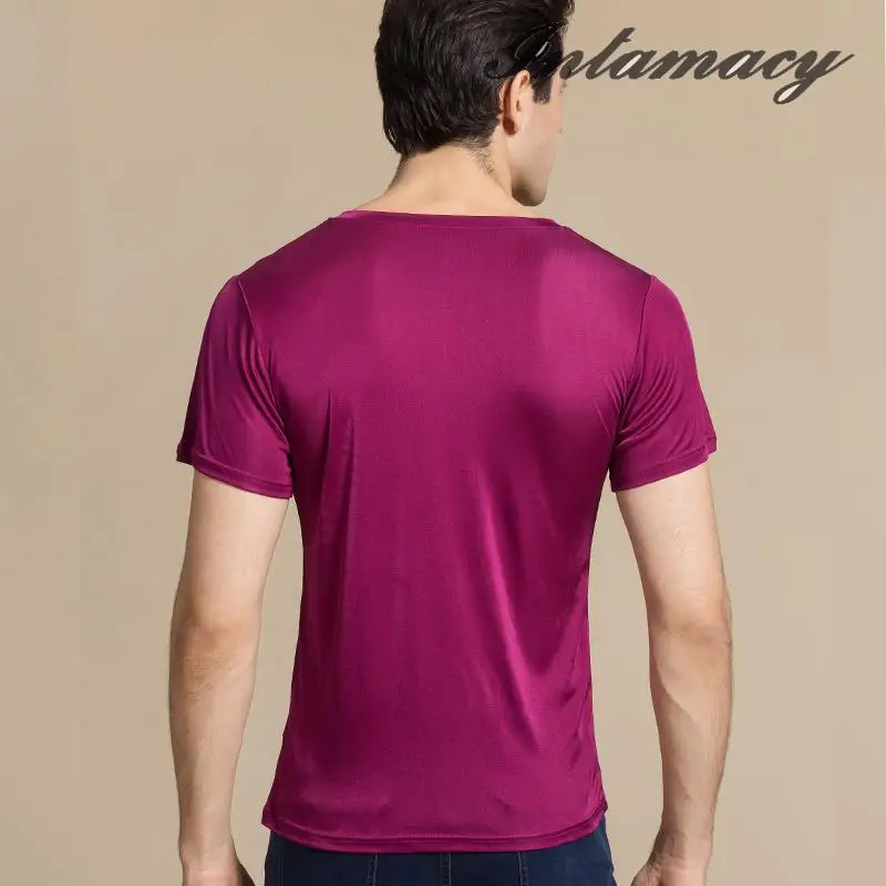 Мужская шелковая футболка с V образным вырезом и коротким рукавом тонкая 100%