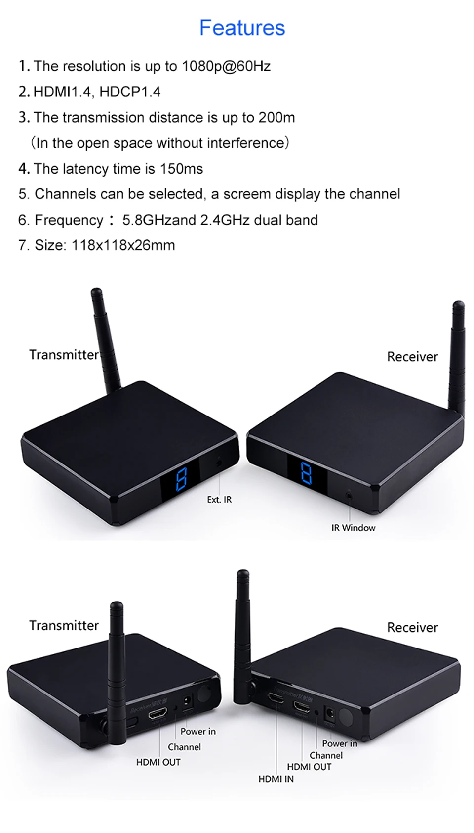 Measy FHD686 5,8 ГГц 200 м/660 футов беспроводной HDMI AV видео аудио передатчик приемник Удлинитель для ПК ТВ коробка DVD проектор
